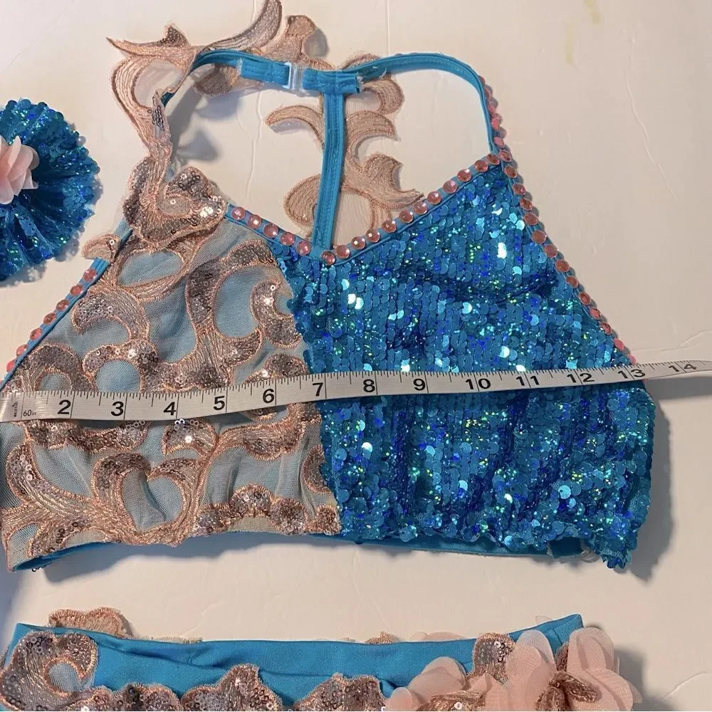 Glamour solo dance costume 2 piece blue pink sequin lace XLC-Extra large child